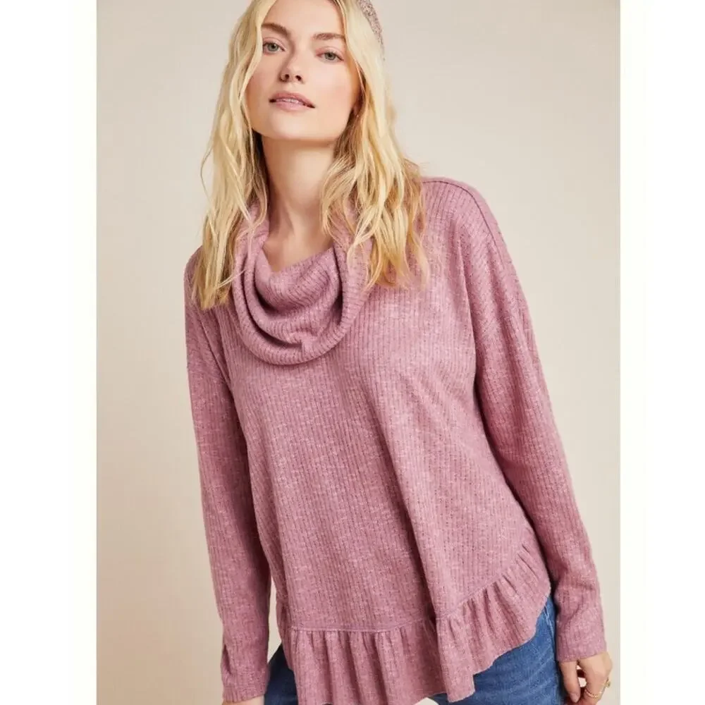 Anthropologie Maeve Addie Ruffled Hacci Sweater in Mauve Size M